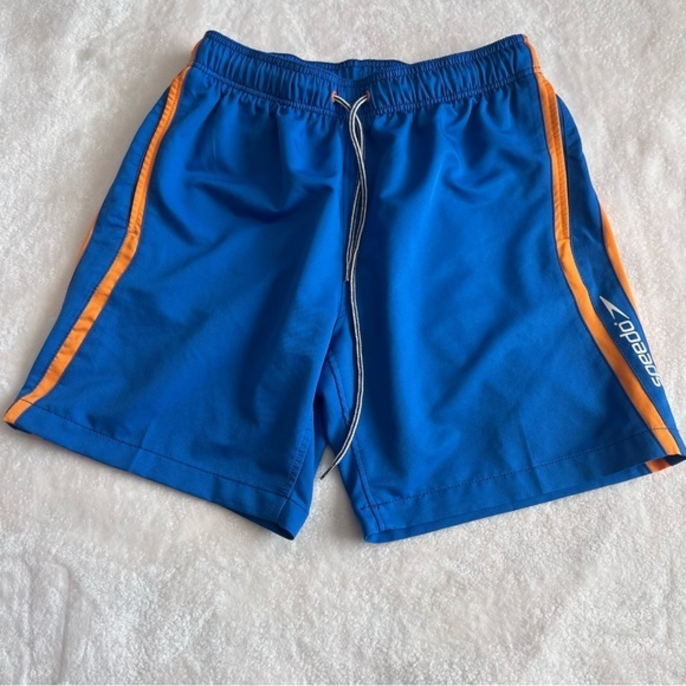 Speedo Men’s Size M Dark‎ Blue Orange Stripes Swim Trunks Shorts